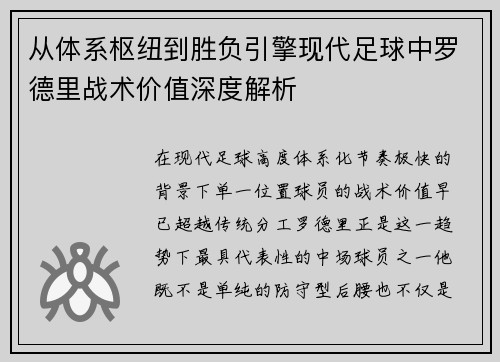 从体系枢纽到胜负引擎现代足球中罗德里战术价值深度解析