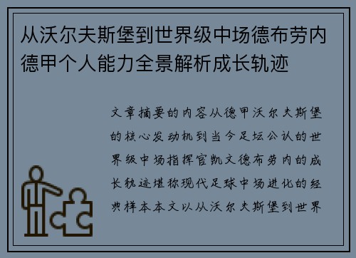 从沃尔夫斯堡到世界级中场德布劳内德甲个人能力全景解析成长轨迹 从沃尔夫斯堡到世界级中场德布劳内德甲个人能力全景解析成长轨迹