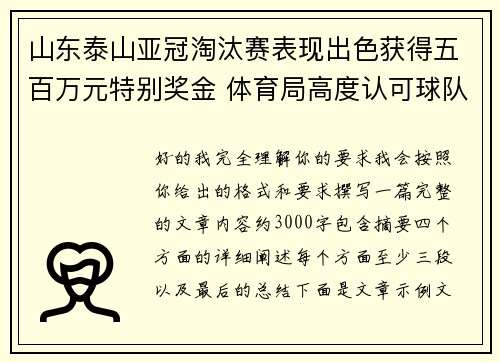 山东泰山亚冠淘汰赛表现出色获得五百万元特别奖金 体育局高度认可球队努力