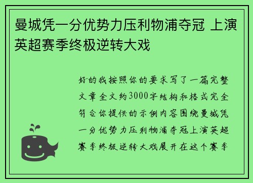 曼城凭一分优势力压利物浦夺冠 上演英超赛季终极逆转大戏