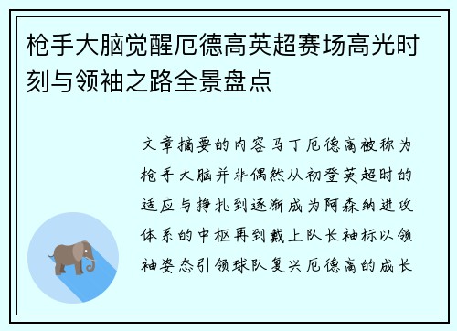 枪手大脑觉醒厄德高英超赛场高光时刻与领袖之路全景盘点 枪手大脑觉醒厄德高英超赛场高光时刻与领袖之路全景盘点